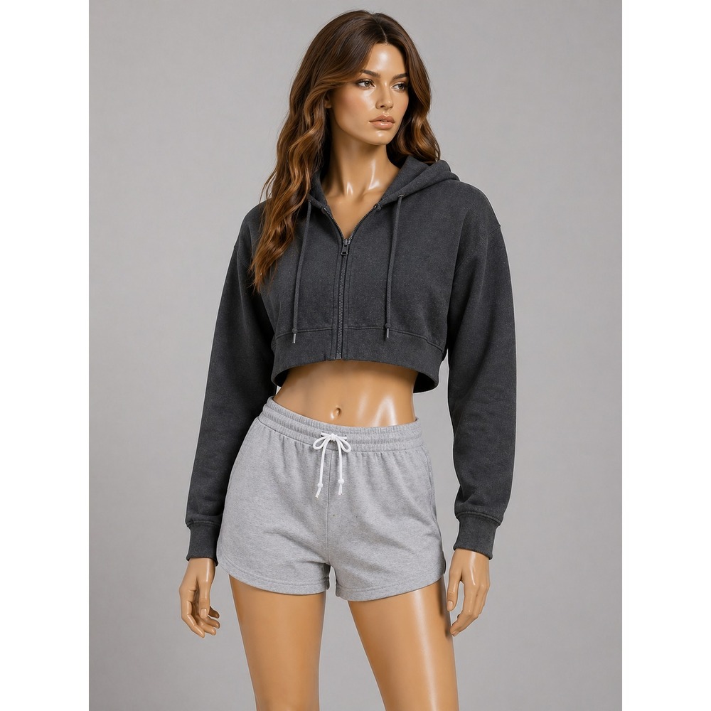 Gymshark Cropped Hoodie Womens Charcoal Gray Zip Up Sweatshirt Athleisure - Picture 2 of 10